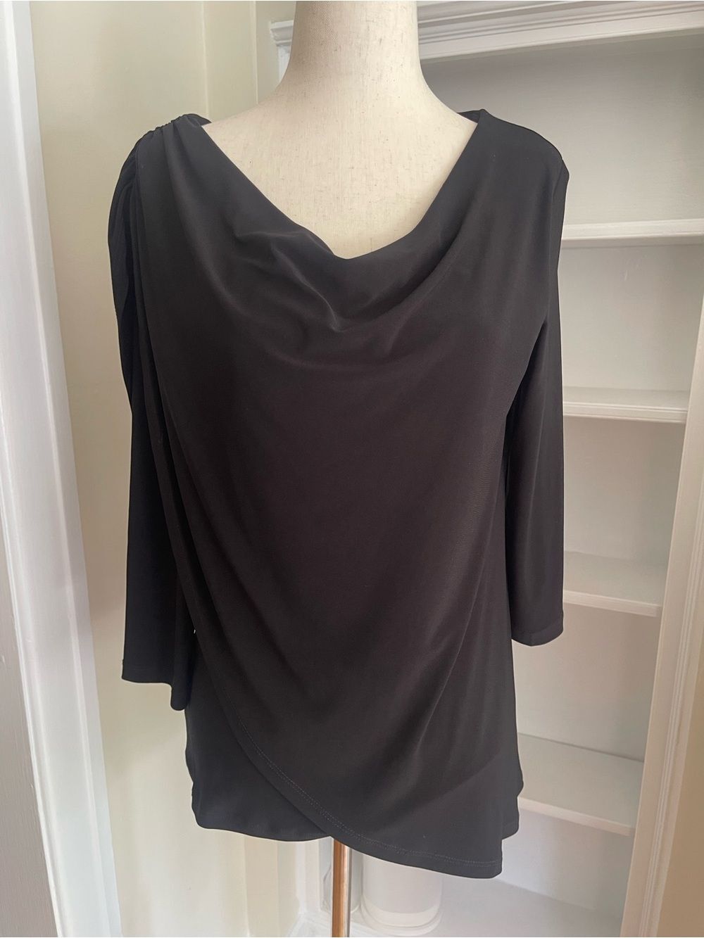 American Made, M, Tangerine Brand. Black Blouse. Asymmetrical Flattering Draping